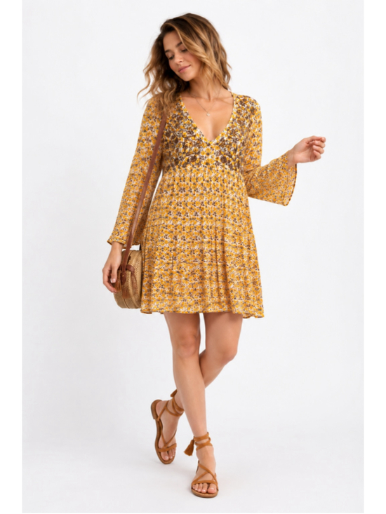 Zara Dresses & Skirts - Zara Floral Embroidered Boho Mini Dress Size L Mustard Yellow Bell Sleeve